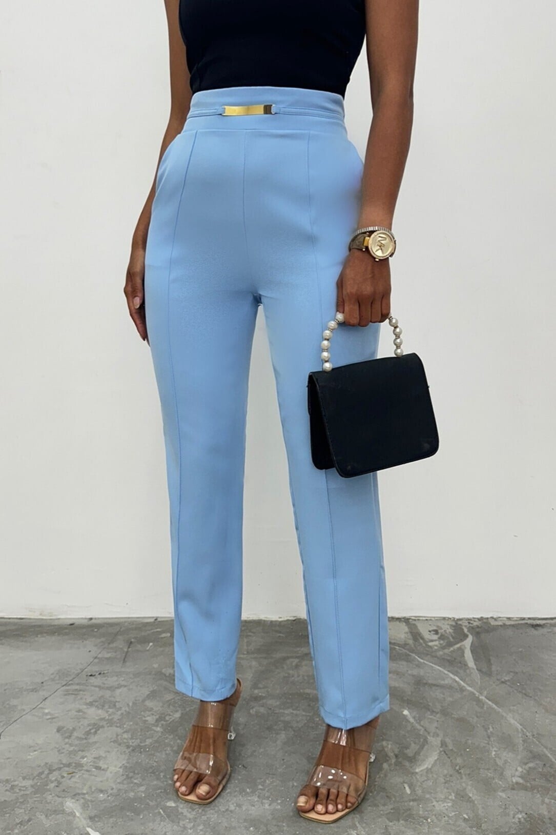 Elastic Waist Pocketed Trousers with Metal Detail - Baby Blue - Podyumplus - by Peralane - photo 4