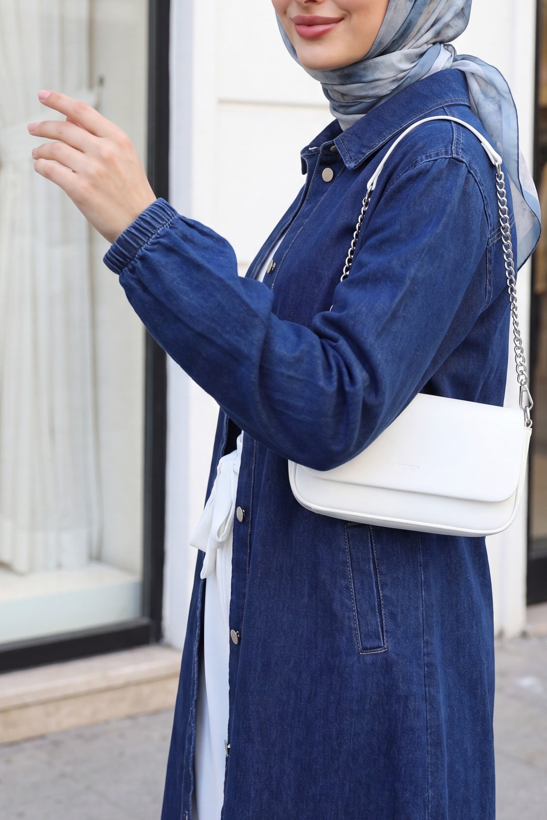 Long-Sleeved Button-Front Denim Dress - Dark Blue - Podyumplus - by Peralane - photo 3