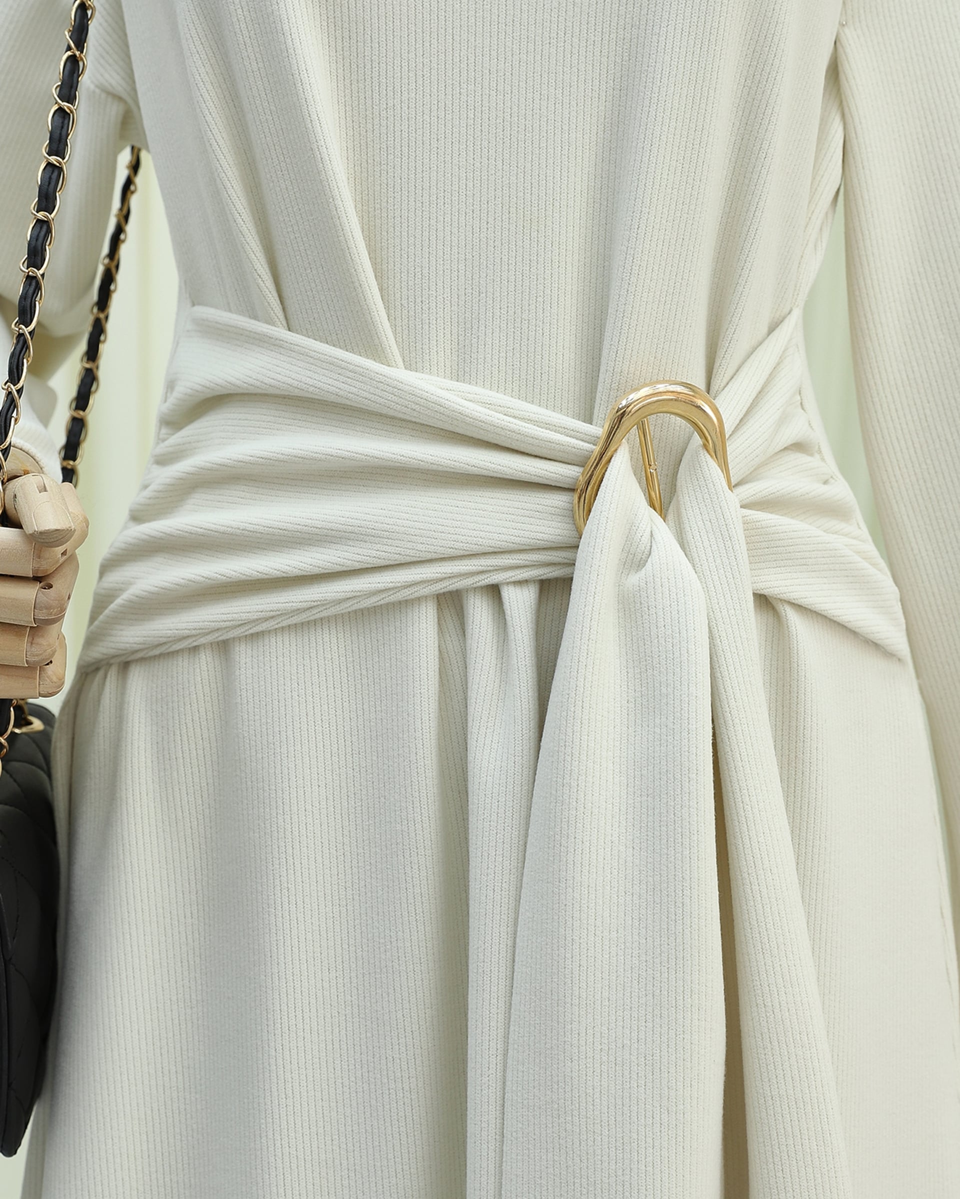 High Neck Long Selanik Dress with Belt and Ring Detail - Cream - Podyumplus - by Peralane - photo 5