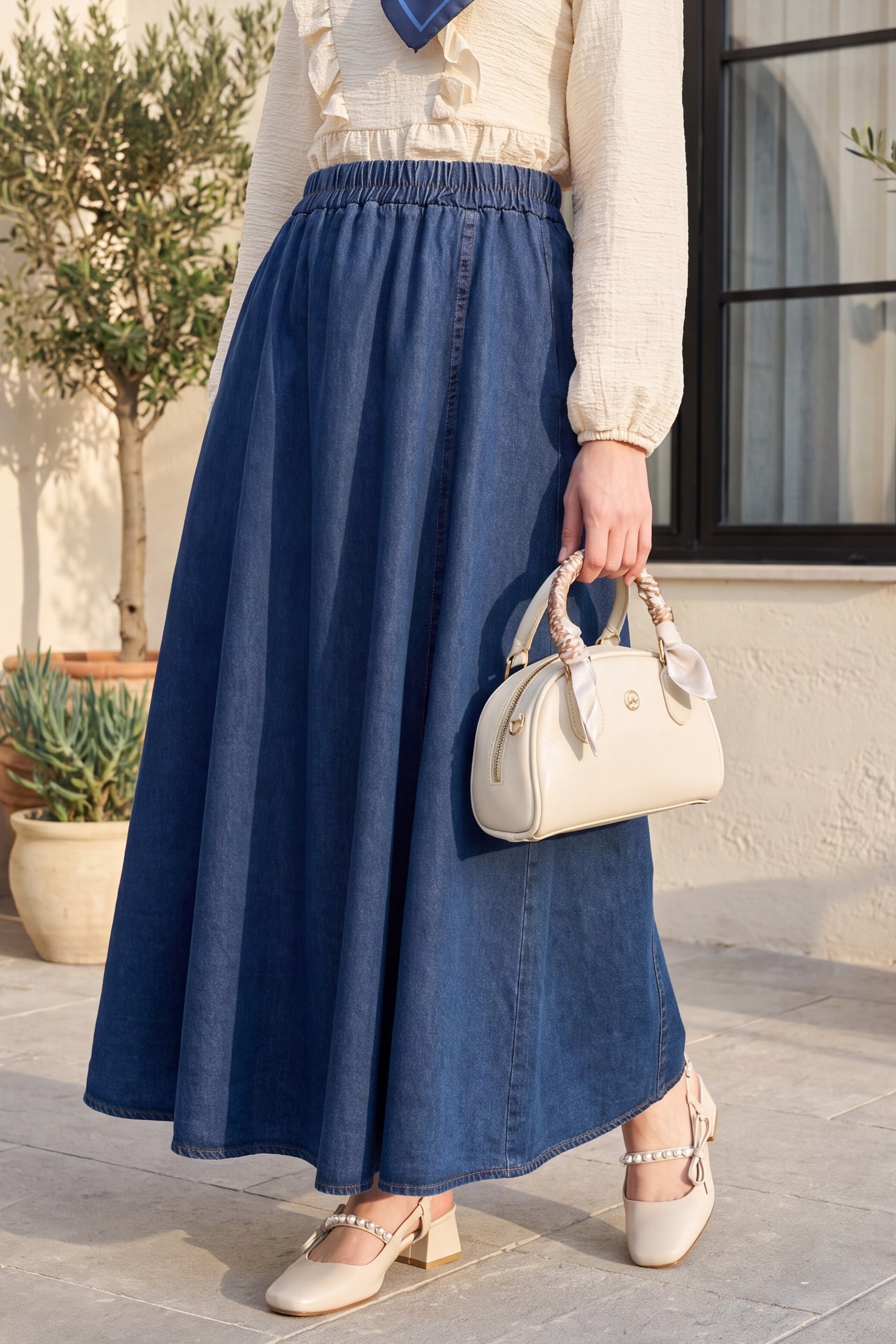 Side Pocket Elasticated Waist Denim Skirt - Dark Blue - Podyumplus - by Peralane