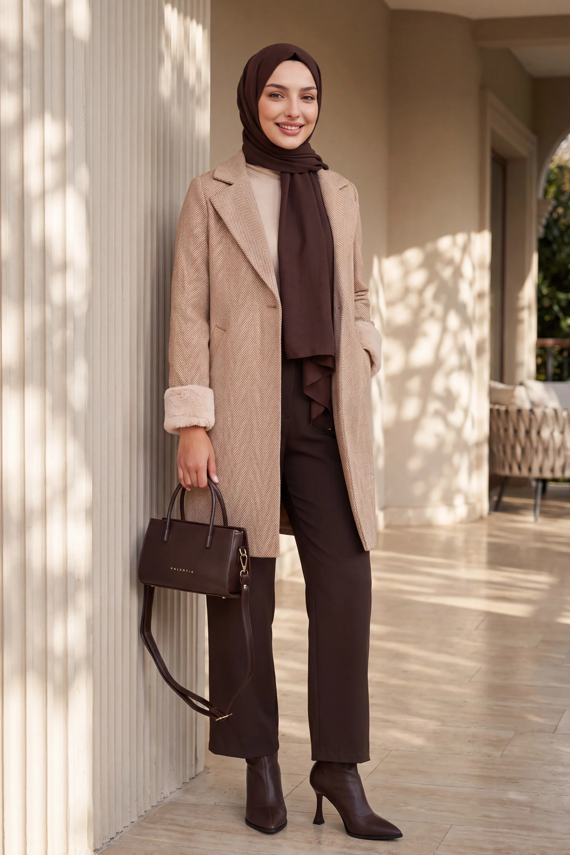 Women's Herringbone Faux Fur Trim Coat - Camel - Bigdart - by Peralane - photo 3