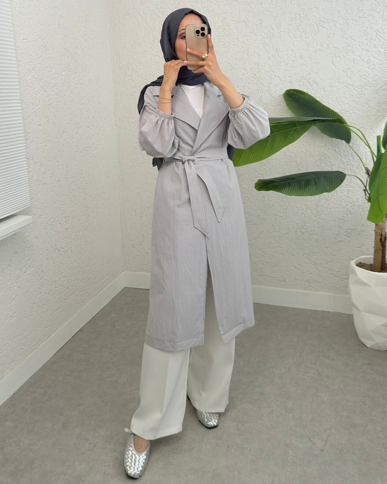 Light Grey Belted Lined Trench Coat with Elastic Cuffs - Podyumplus - by Peralane - photo 6