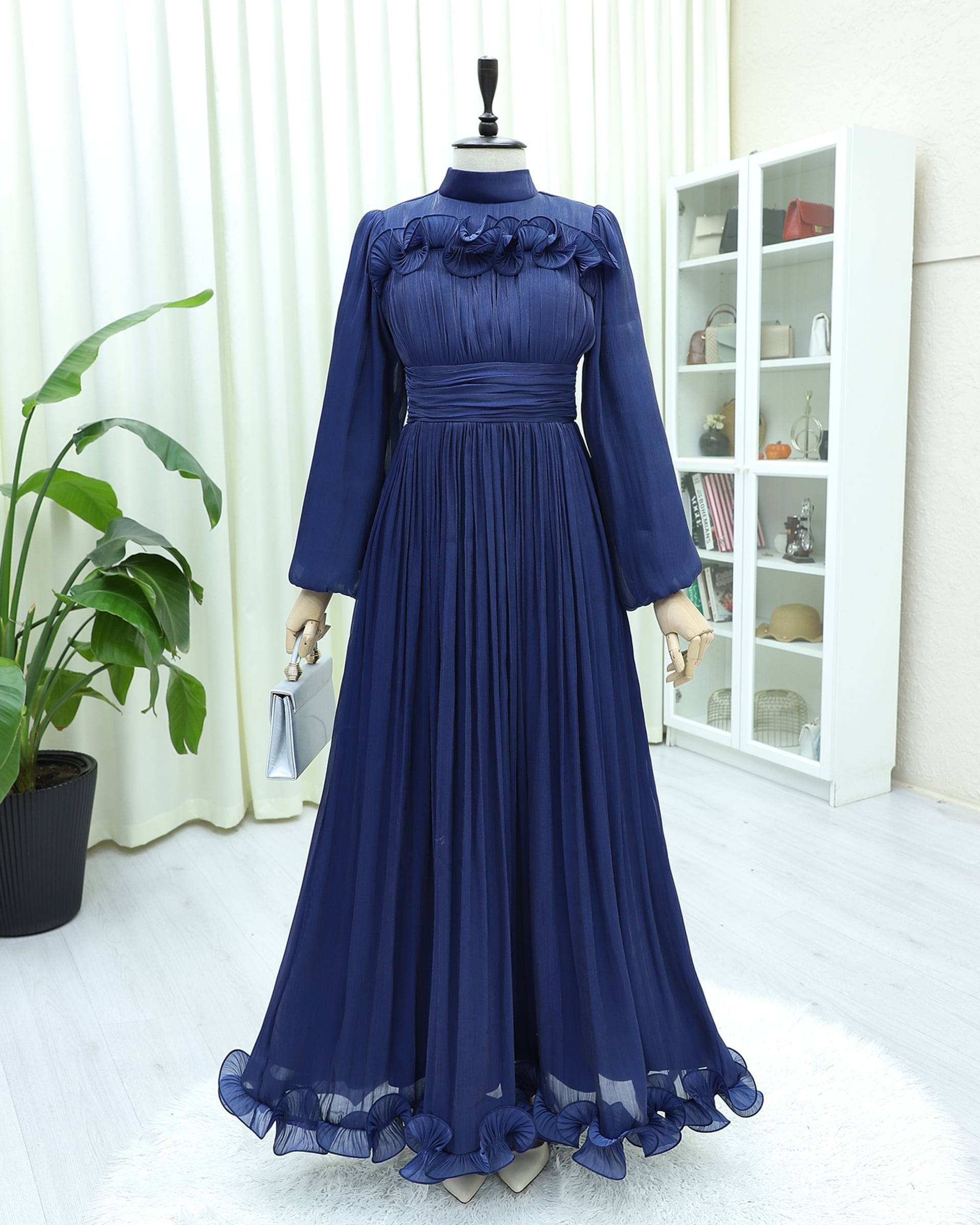 Navy Blue Pleated Evening Gown with Ruffles and Draped Waist - Podyumplus - by Peralane - photo 4
