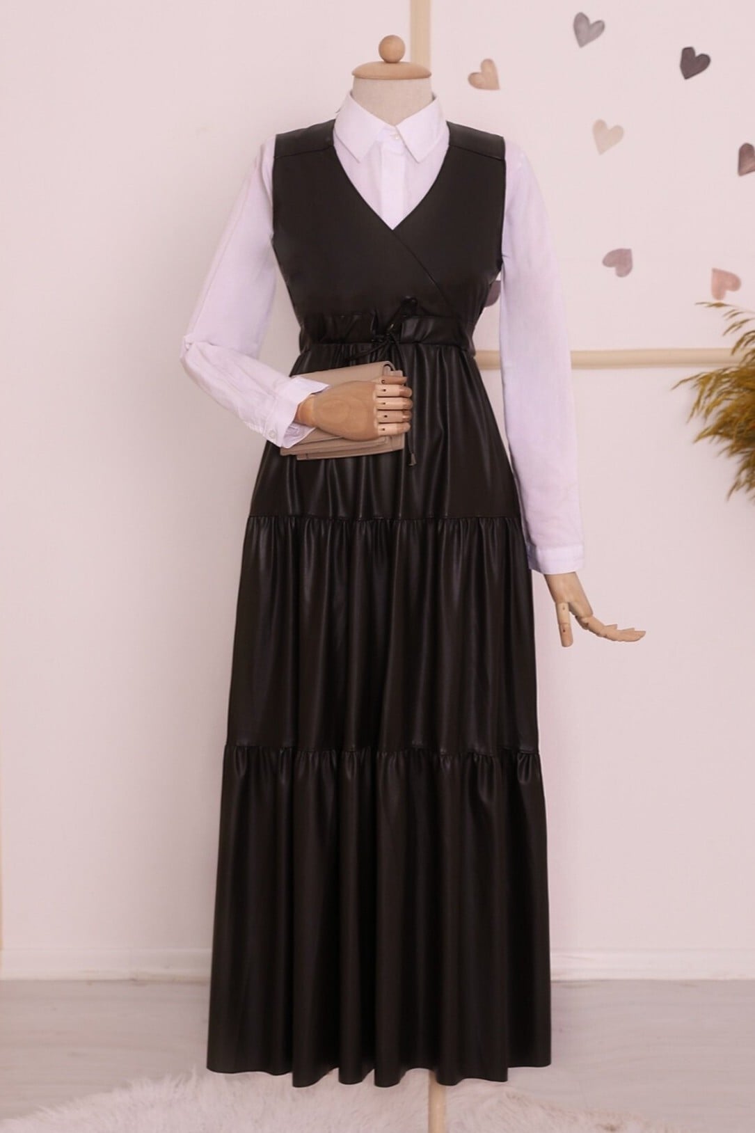 Black Faux Leather Tiered Maxi Dress with V-Neck and Drawstring Waist - Podyumplus - by Peralane - photo 2