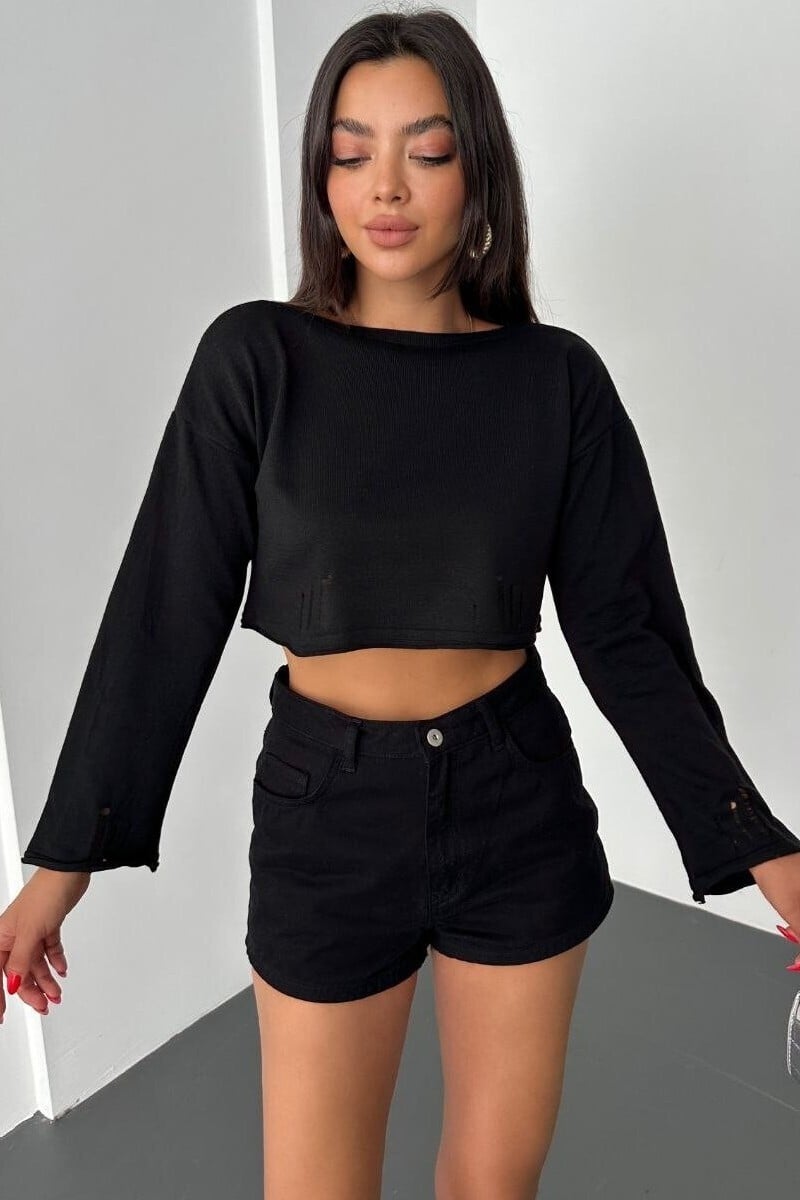 Black Boat Neck Ribbed Knit Crop Top - Podyumplus - by Peralane - photo 2