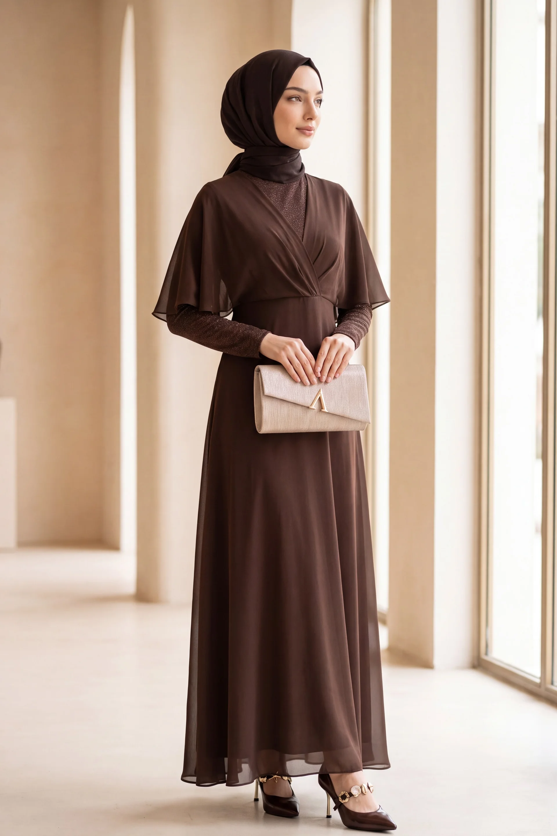 Sequin and Tulle Detail Long Evening Dress - Brown - Podyumplus - by Peralane - photo 4