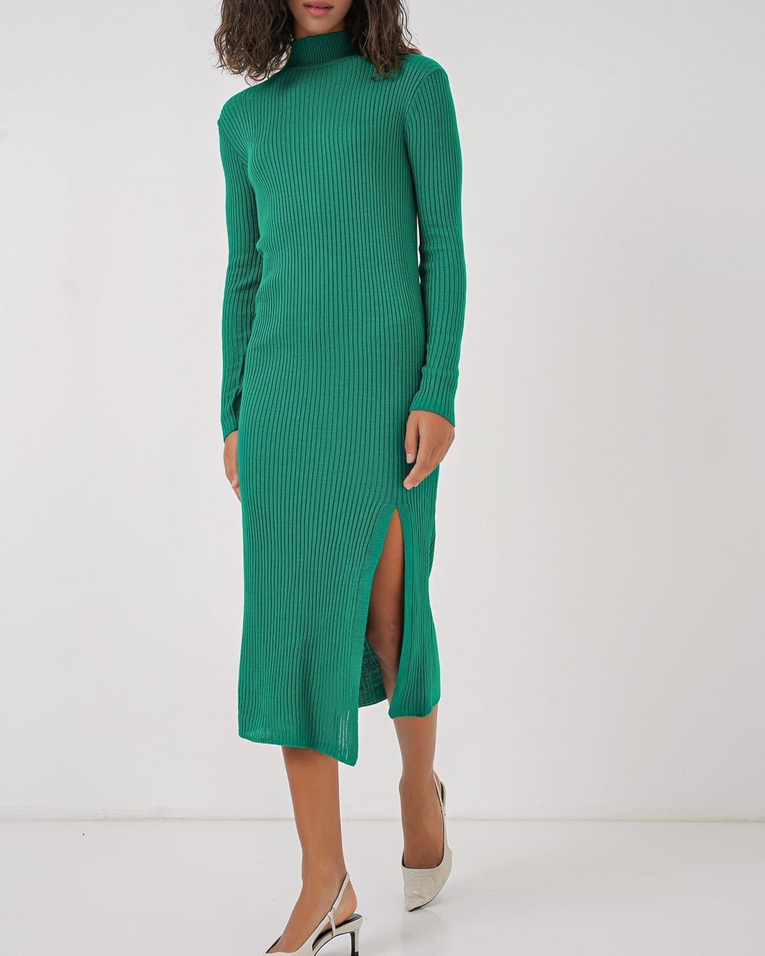 Green Ribbed Knit Dress with Side Slit - Bigdart - by Peralane - photo 3