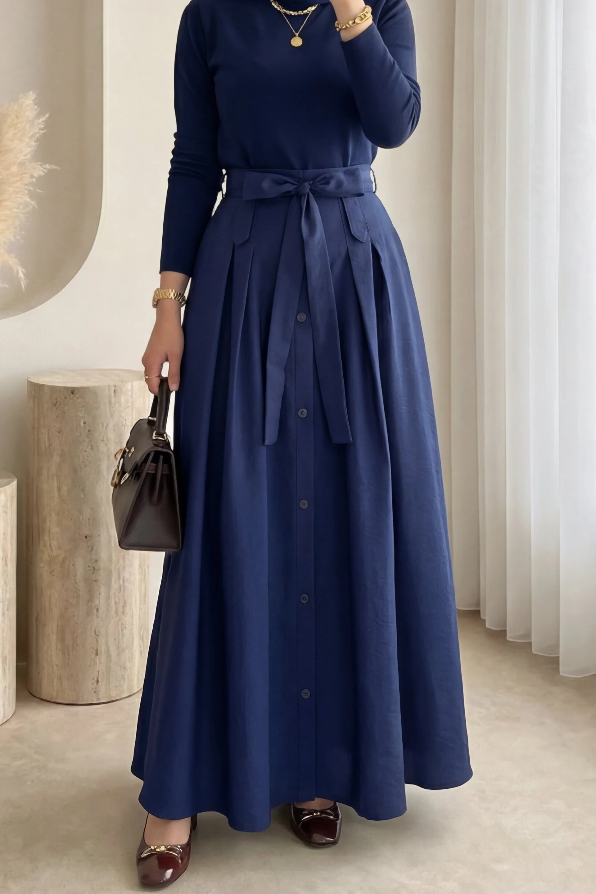 Women's Navy Blue Button-Front Lace-Up Parachute Skirt - Podyumplus - by Peralane