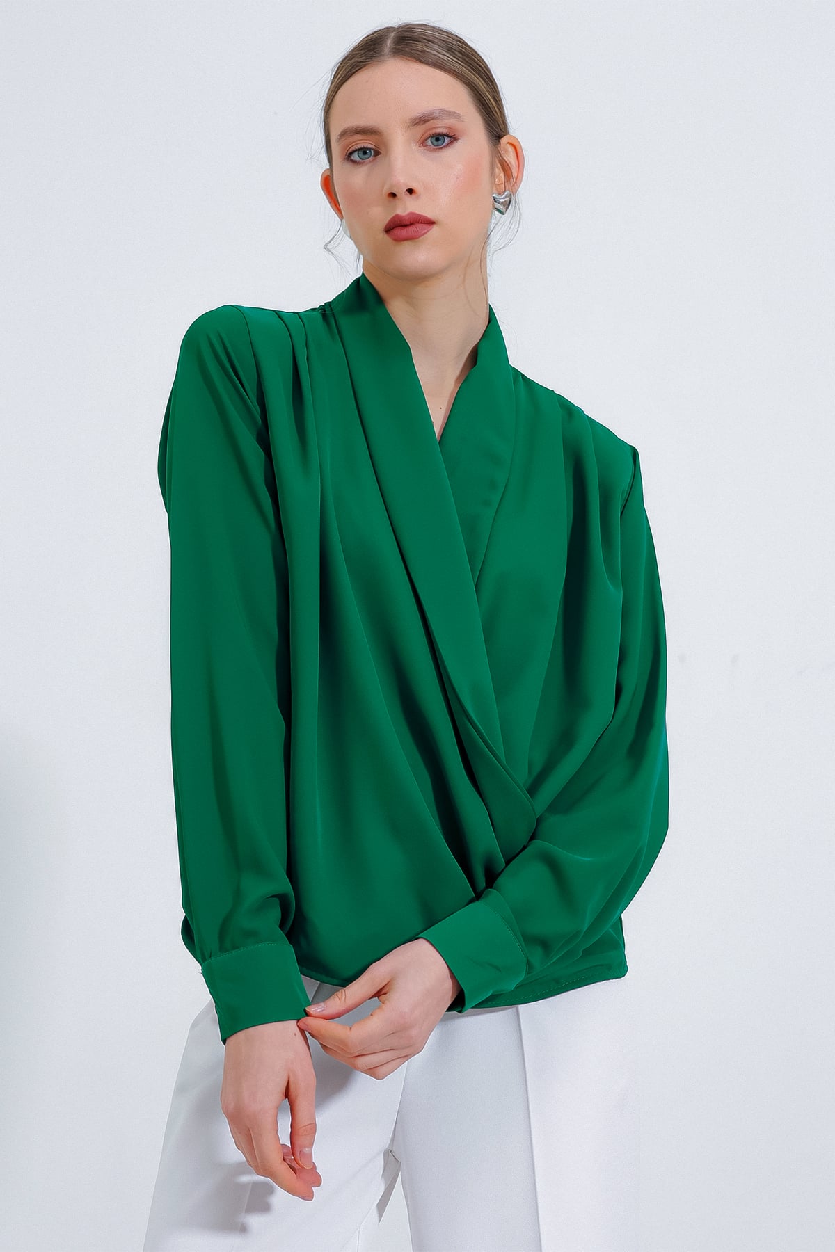 Women's Emerald Green Wrap Neck Draped Satin Blouse - Bigdart - by Peralane - photo 2
