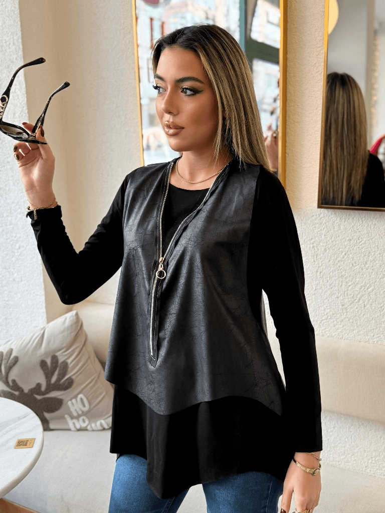 Women's Long-Sleeved Asymmetric Cut Viscose Blouse and Cracked Leather-Look Vest Two-Piece Set - Janes - by Peralane - photo 4