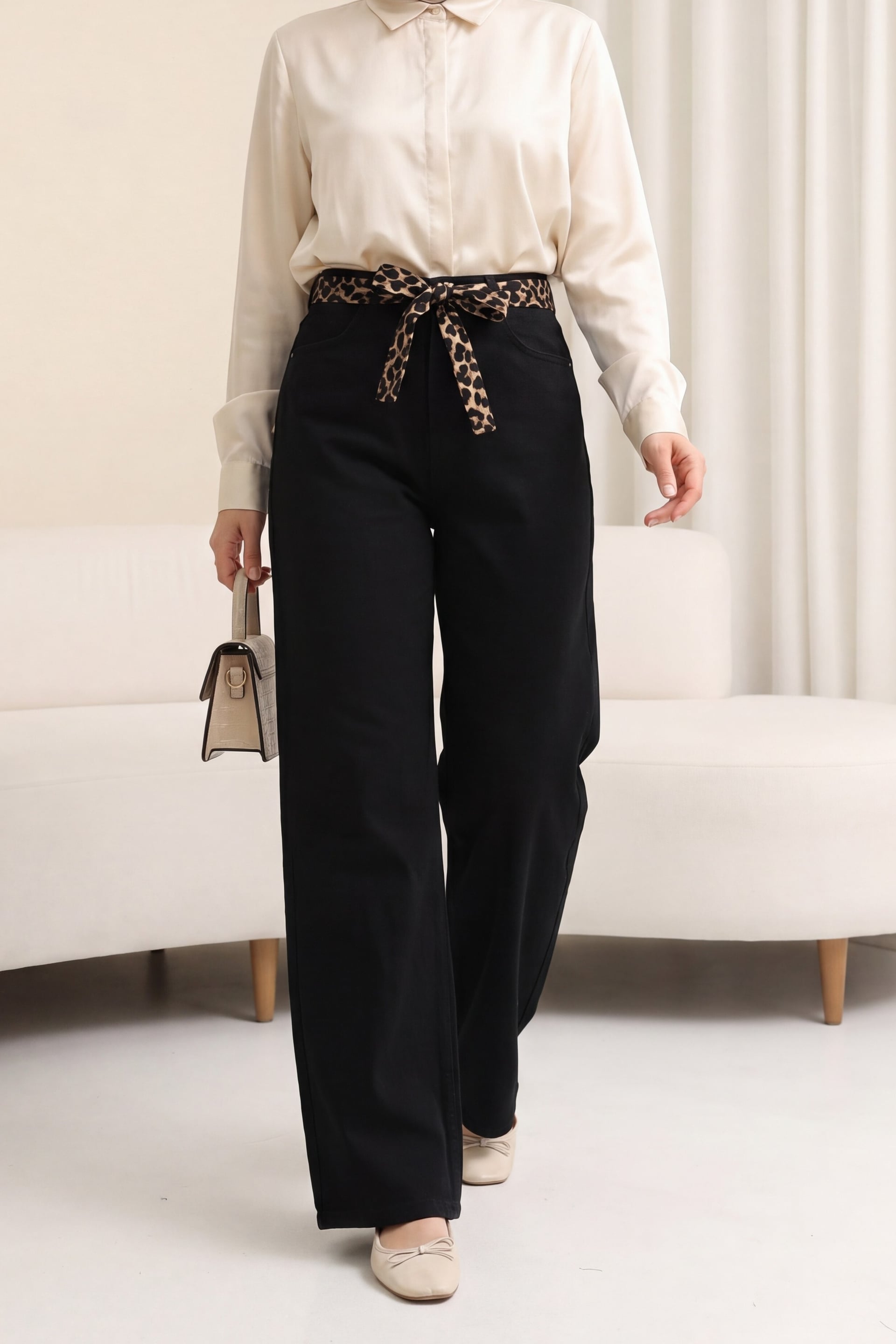 Black Palazzo Denim Trousers with Scarf Print Belt - Podyumplus - by Peralane