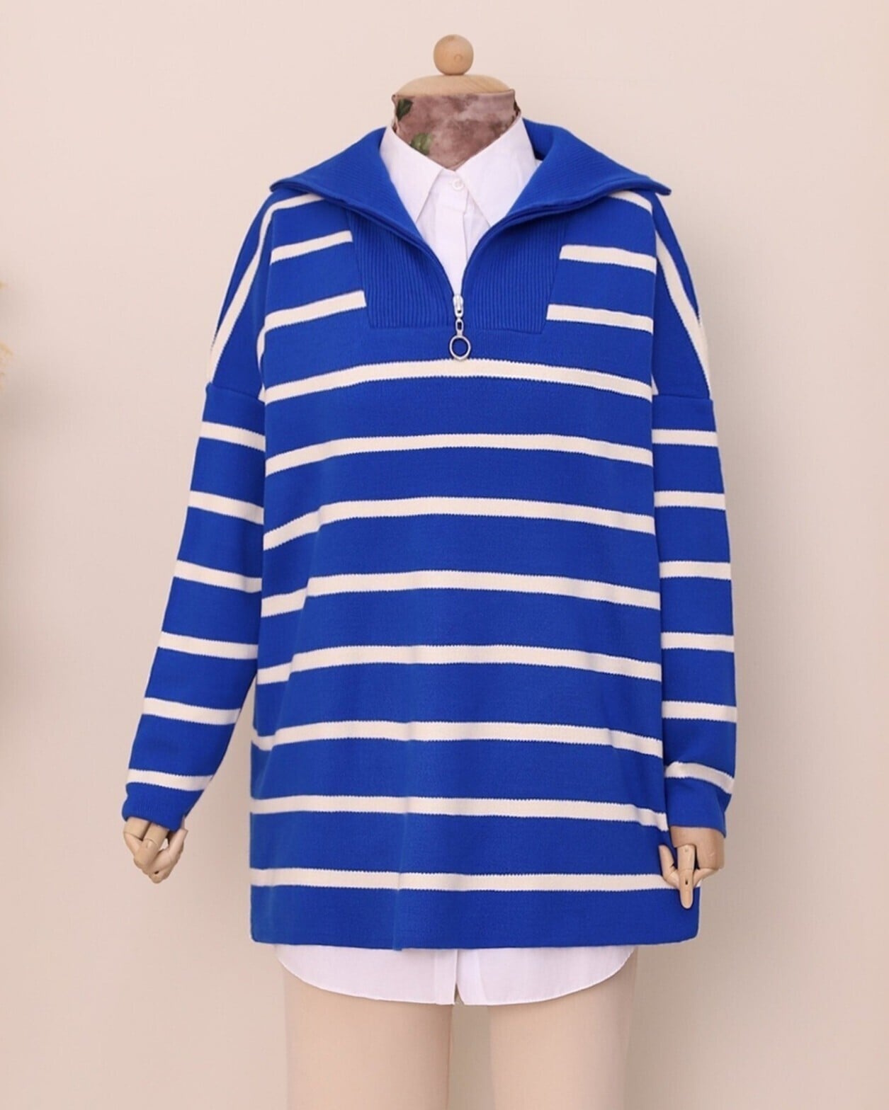 Quarter-Zip Knit Tunic with Collar for Women - Blue - Podyumplus - by Peralane - photo 3