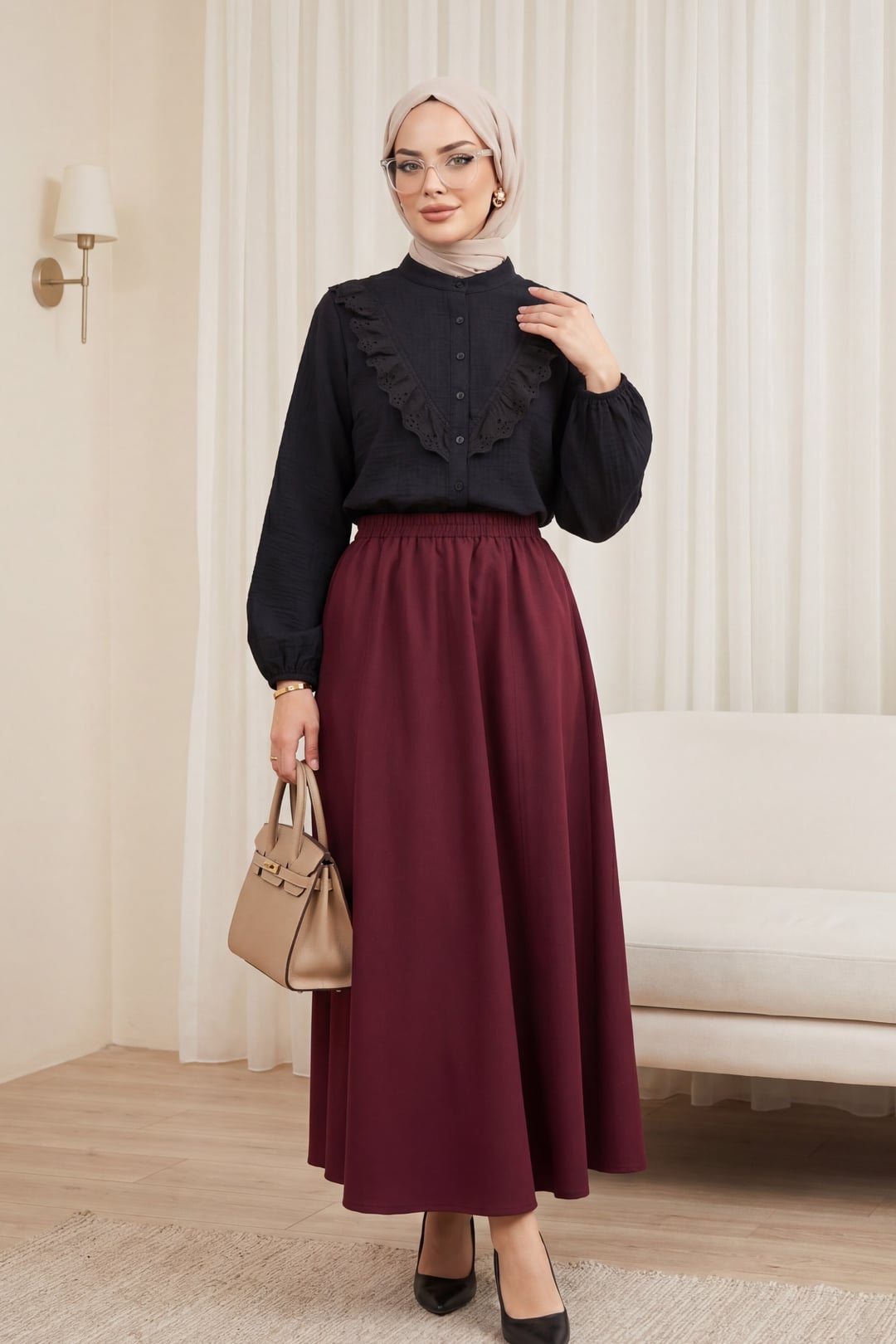 Black Crepe Blouse with Lace Front Detail and Button Closure - Podyumplus - by Peralane - photo 5
