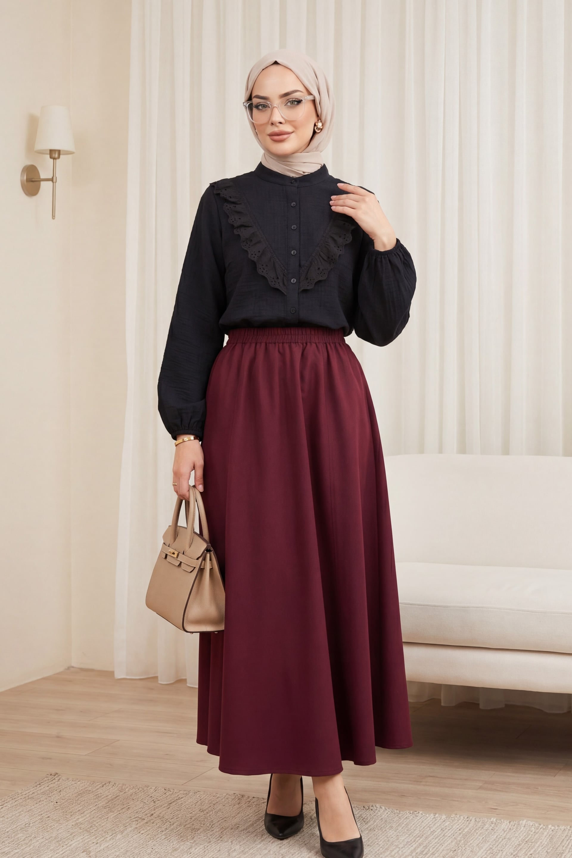 Black Crepe Blouse with Lace Front Detail and Button Closure - Podyumplus - by Peralane - photo 5