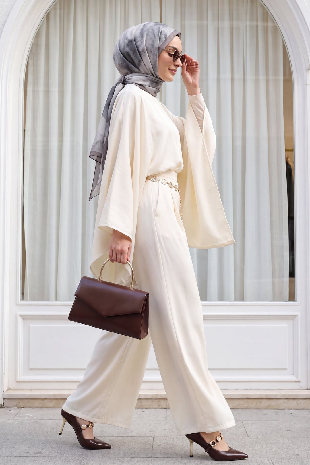 Asymmetric Cut Wide Sleeve Wide-Leg Trousers Belted Modal Set - Cream - Podyumplus - by Peralane - photo 3