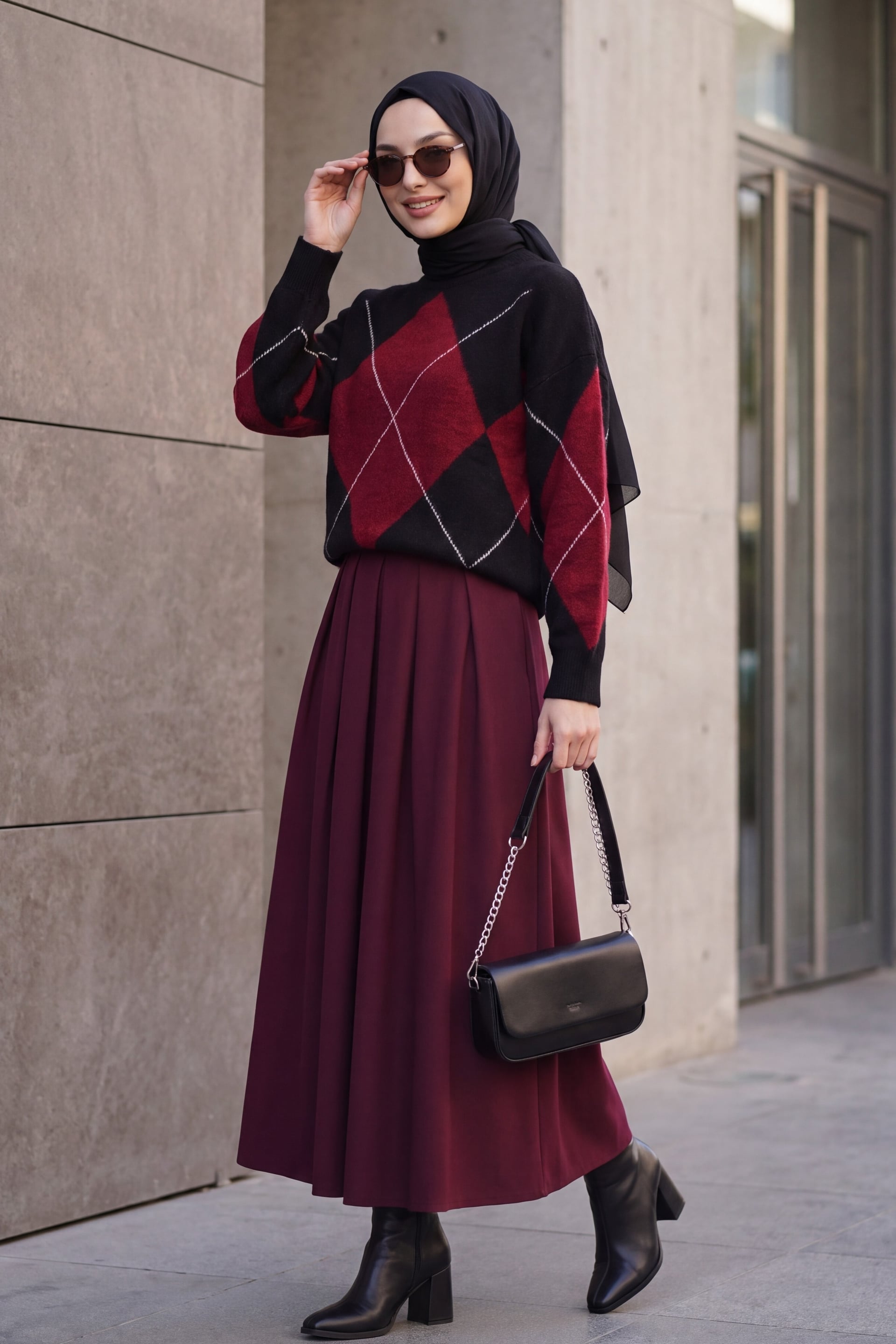 Oversize Argyle Patterned Knit Sweater - Black - Bigdart - by Peralane - photo 4