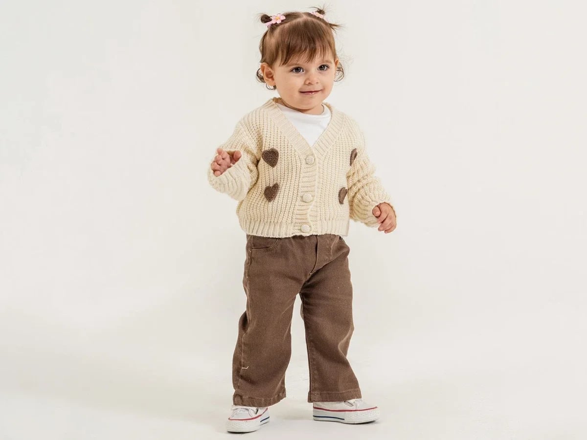 Baby Girl Knit Cardigan 3-Piece Set with Heart Embroidery - Dark Brown - Pampal Kids - by Peralane