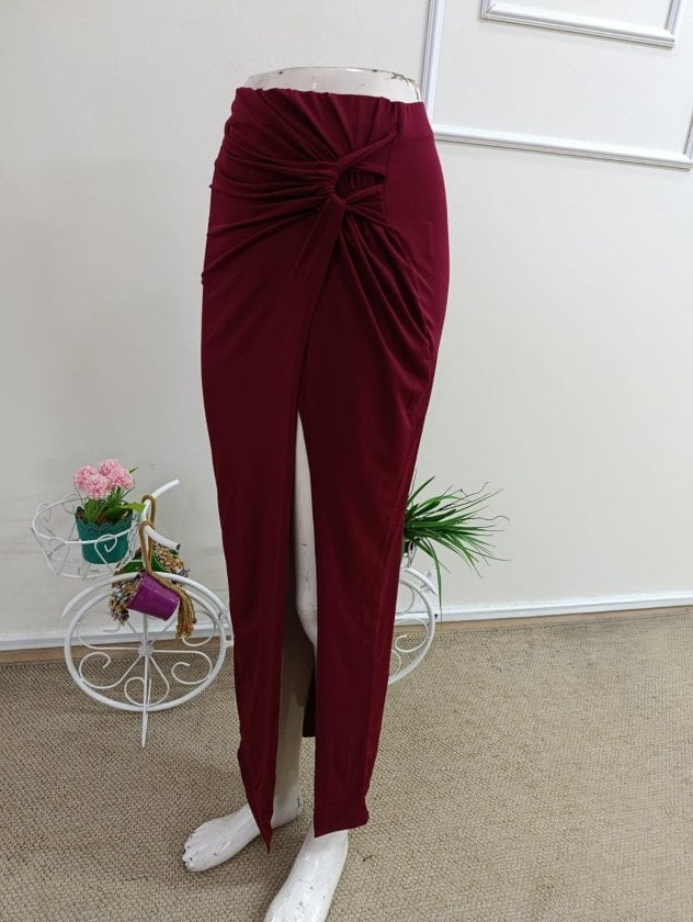 Women's High-Slit Long Skirt with Front Asymmetric Cut and Knotted Waist Detail - Janes - by Peralane - photo 6