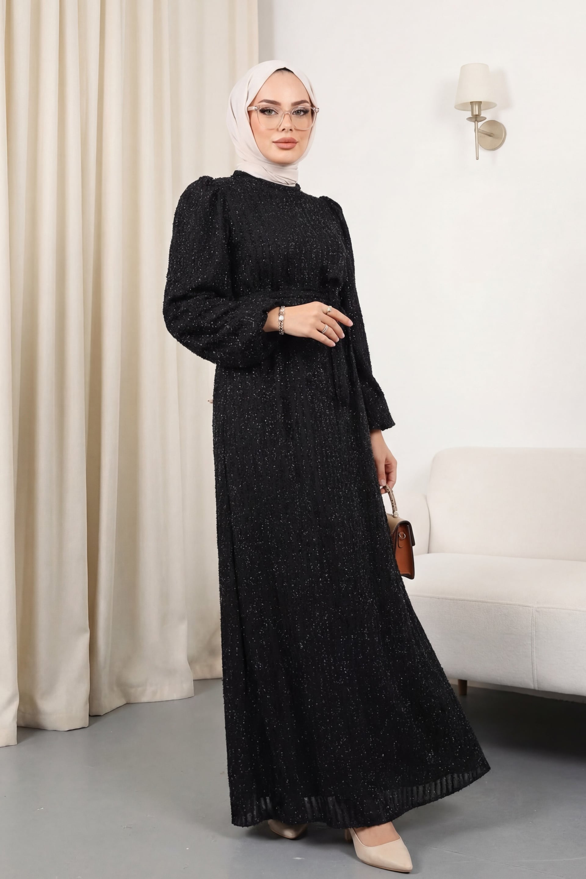 Long-Sleeved Black Sequin Striped Belted Dress with Elastic Cuffs - Podyumplus - by Peralane