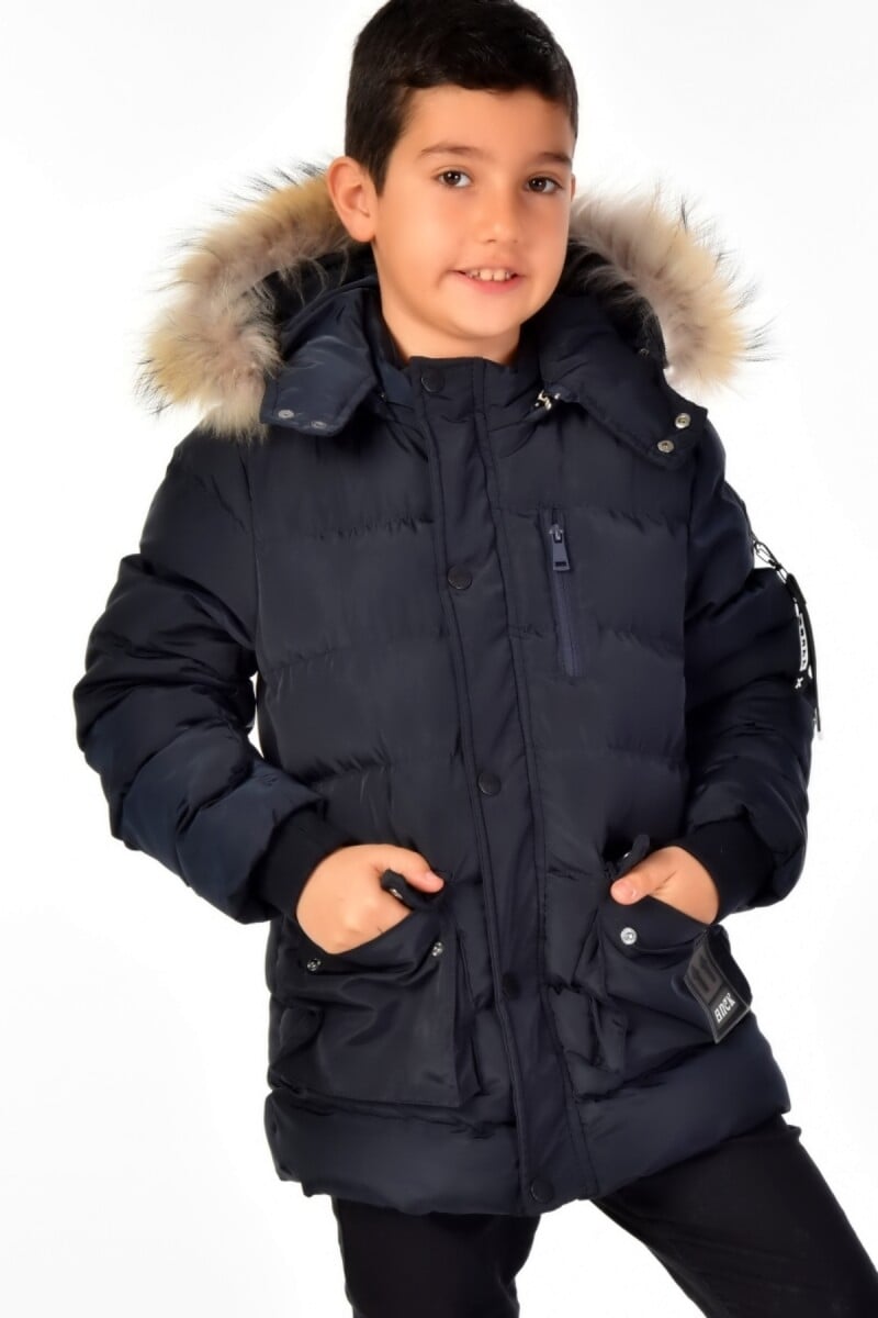 Boys' Navy Blue Quilted Winter Jacket with Faux Fur Hood (6-14 Years) - Benitto Kids - by Peralane