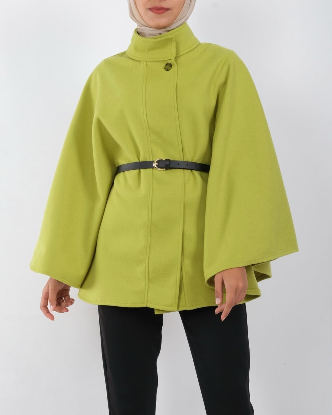 Single Button Belted Poncho - Oil Green - Podyumplus - by Peralane