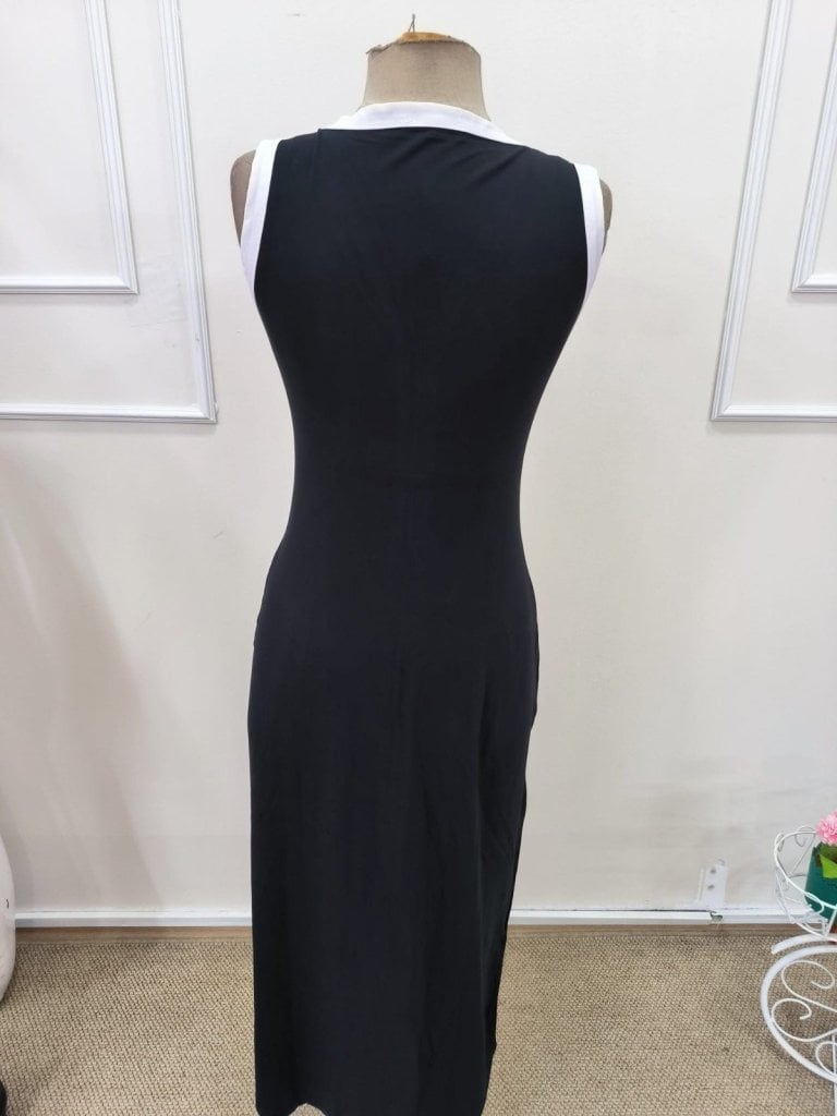 Women's Sleeveless Deep V-Neck Slit Maxi Dress in Black with White Trim - Janes - by Peralane - photo 6