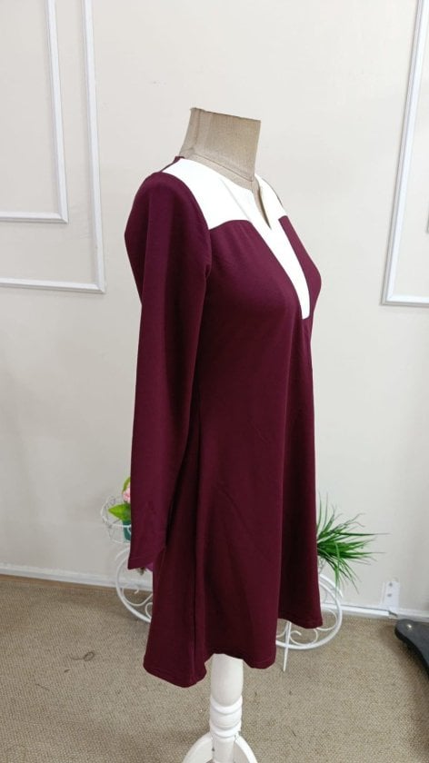 Women's Long Sleeve V-Neck Two-Tone Viscose Short Dress - Janes - by Peralane - photo 5