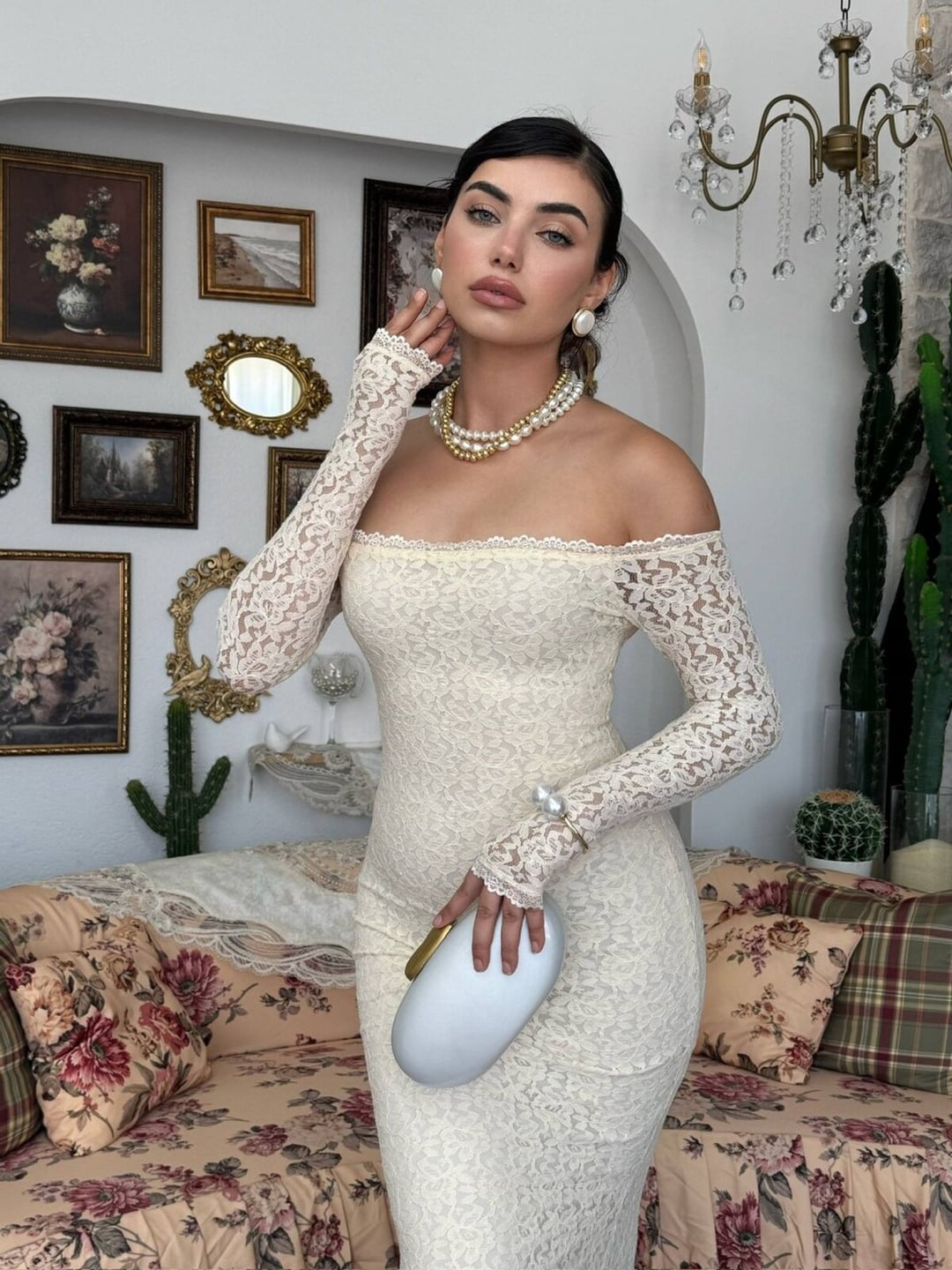 Beige Off-the-Shoulder Lace Dress with Scalloped Trim - Etika - by Peralane