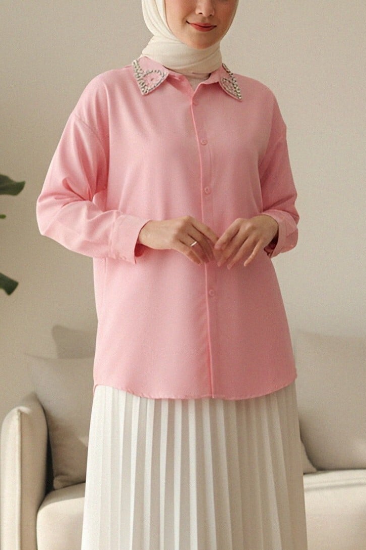 Stone Detailed Buttoned Loose Fit Blouse - Pink - Podyumplus - by Peralane