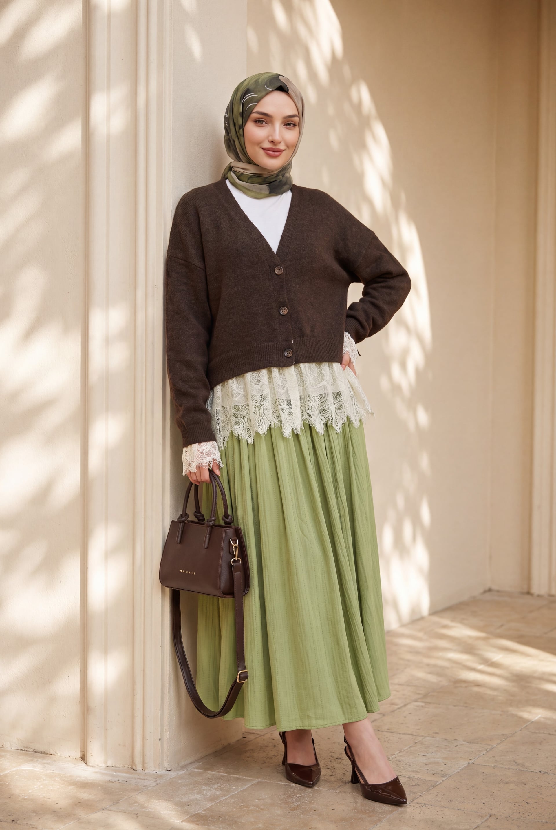 Women's Soft Knit Cardigan with Ruched Lace Details - Dark Brown - Podyumplus - by Peralane - photo 10