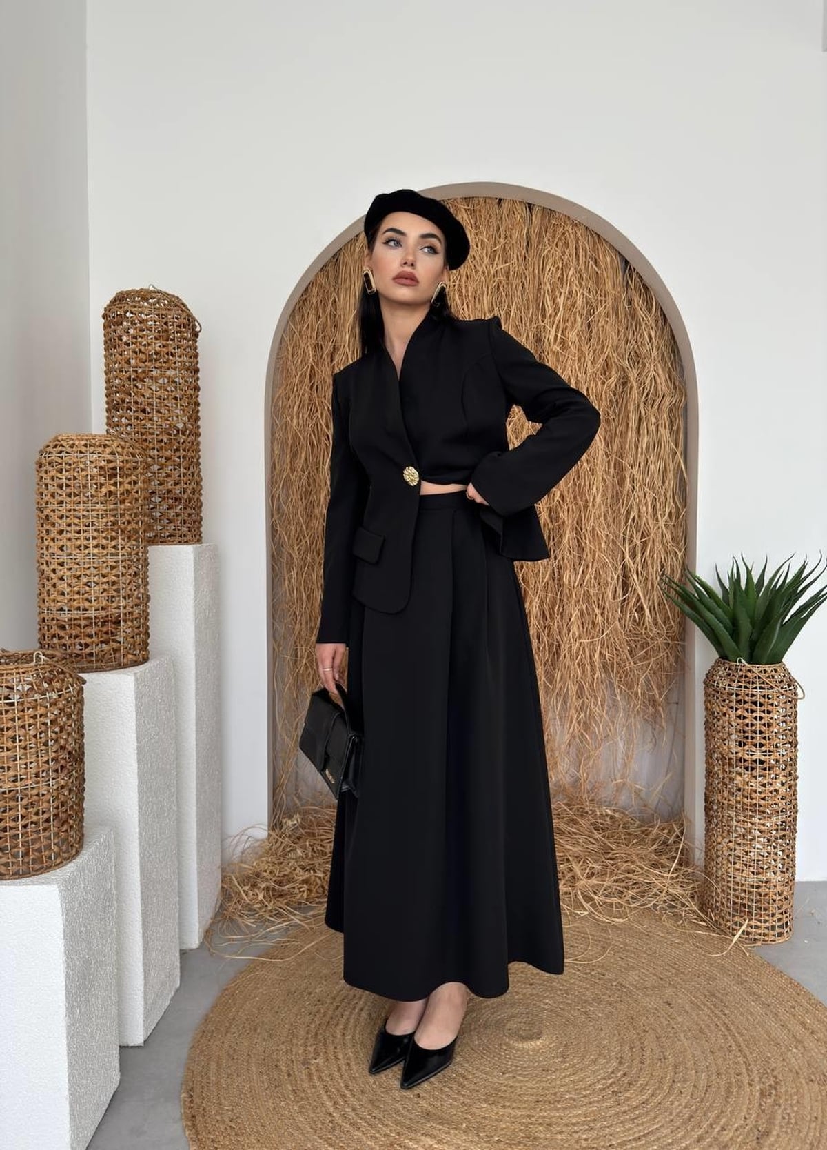 Black Satin Blazer with Flap Pockets and Gold Button - Etika - by Peralane - photo 4