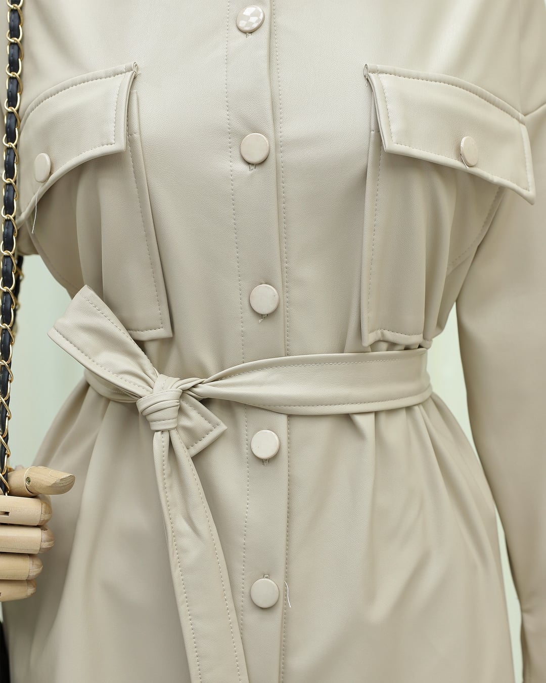 Belted Double-Pocket Faux Leather Jacket - Cream - Podyumplus - by Peralane - photo 3
