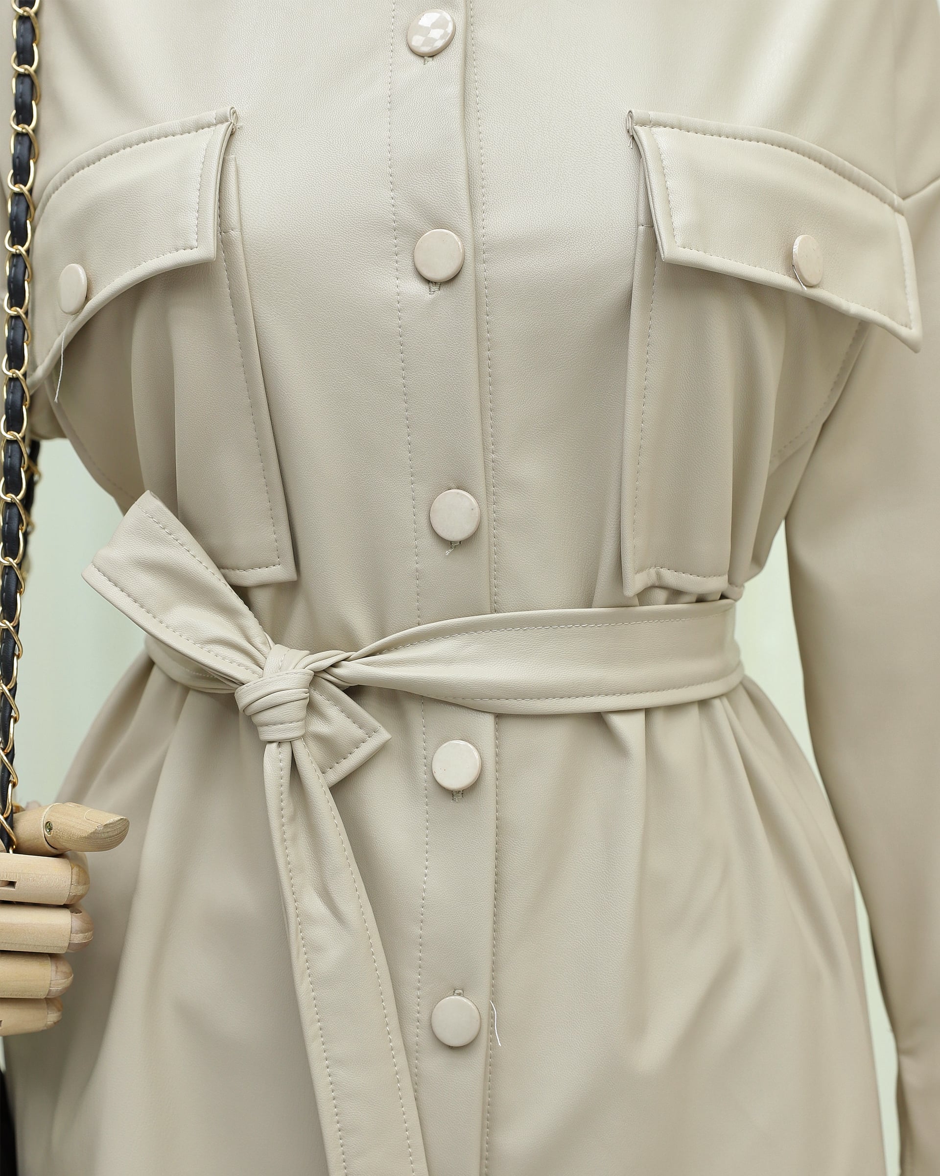 Belted Double-Pocket Faux Leather Jacket - Cream - Podyumplus - by Peralane - photo 3