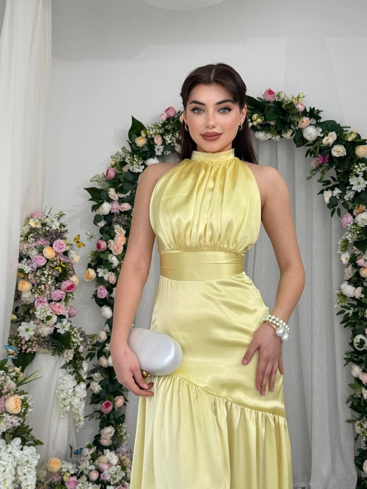Pale Yellow Satin Halter Dress with Belt Detail - Etika - by Peralane