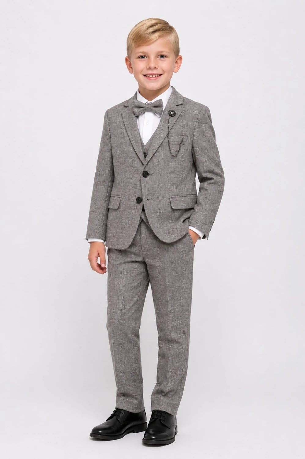 Boys' 4-Piece Suit Set with Herringbone Jacket, Waistcoat, Trousers and Bow Tie - Smoke Grey - Terry - by Peralane