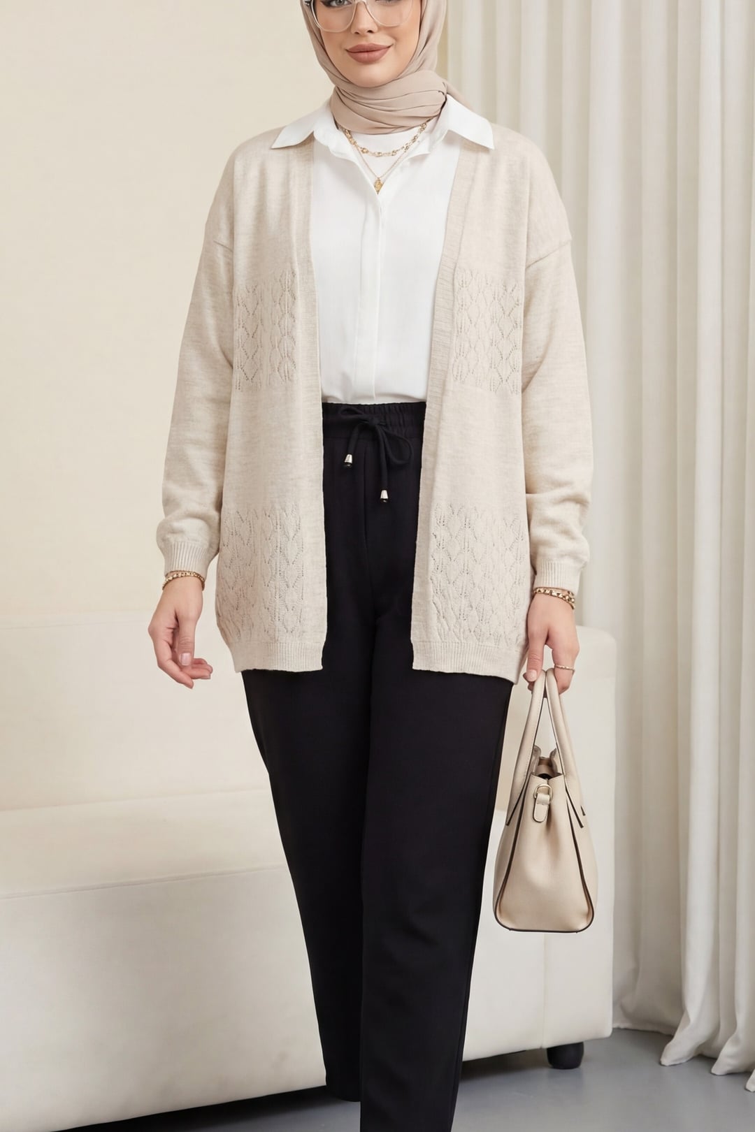 Araboy Openwork Knit Cardigan - Stone - Podyumplus - by Peralane