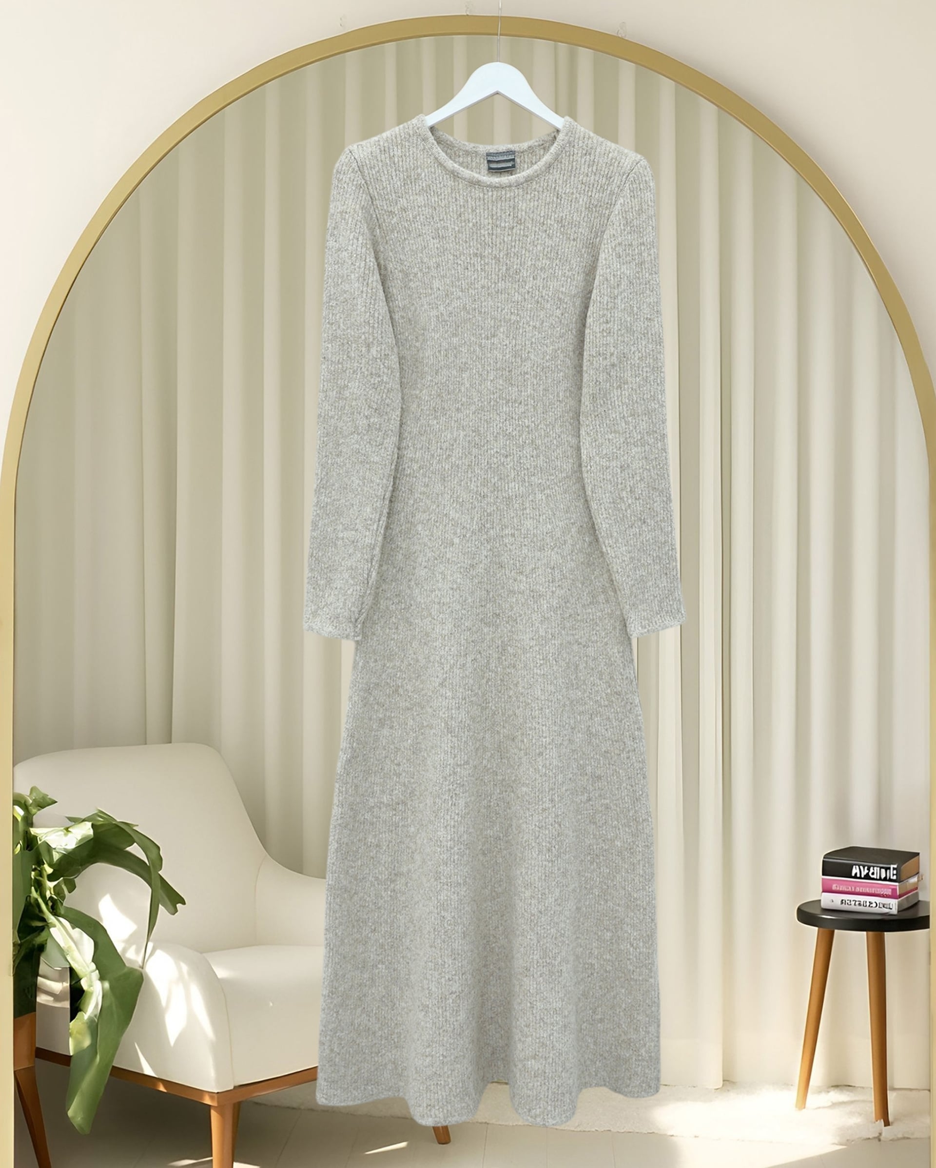 Crew Neck Fitted Soft Knit Dress - Beige - Podyumplus - by Peralane - photo 2