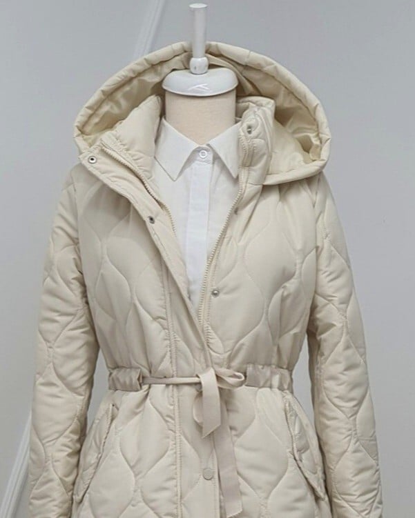 Cream Quilted Hooded Coat with Belt for Women - Podyumplus - by Peralane - photo 4