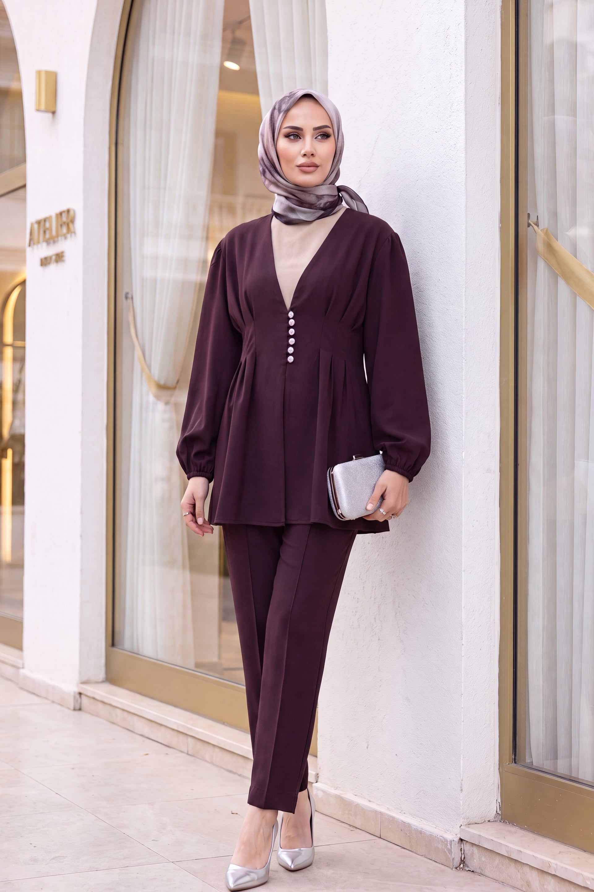 Jewel Button Tunic and Double Trousers Set - Dark Plum - Podyumplus - by Peralane - photo 2