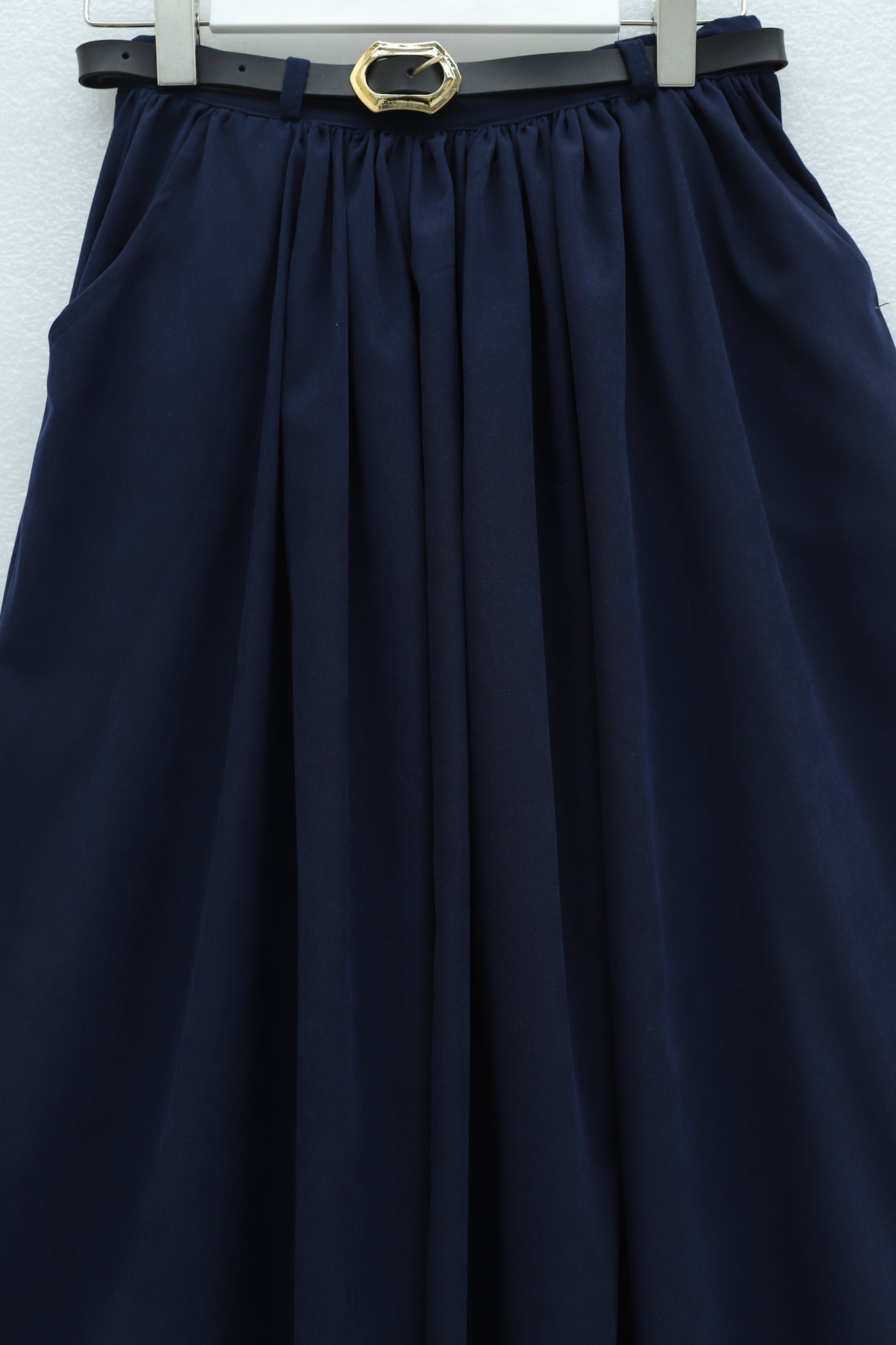 Pleated Tweed Skirt with Buckle Belt and Side Pockets - Navy - Podyumplus - by Peralane - photo 7