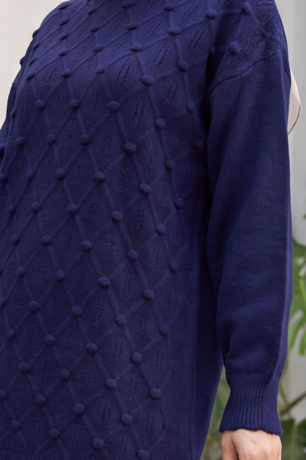 Pom Pom Front Checked Slouchy Knit Tunic in Navy Blue - Podyumplus - by Peralane - photo 2