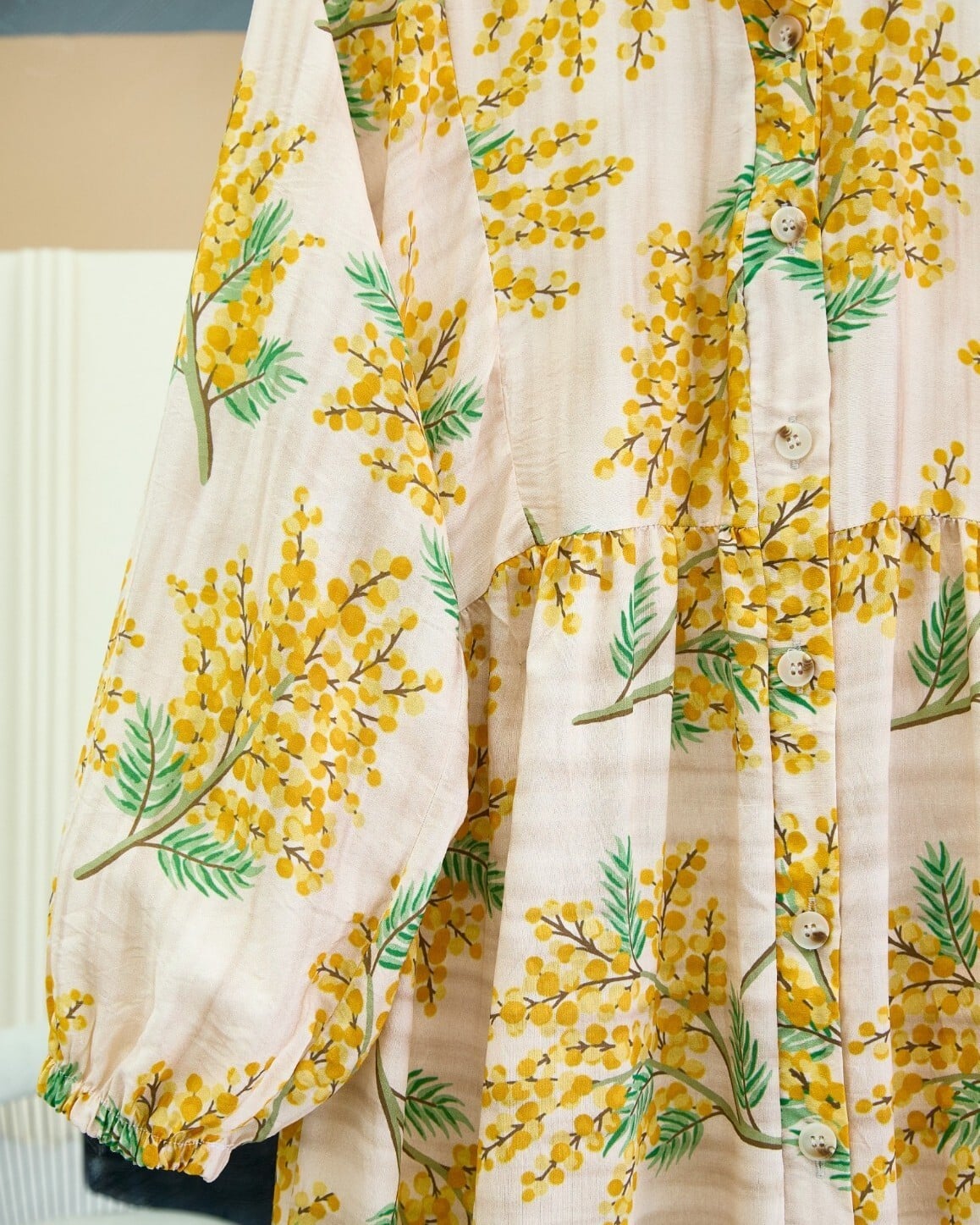 Patterned Modal Dress with Elasticated Sleeves and Half Button Closure - Mustard - Podyumplus - by Peralane - photo 5
