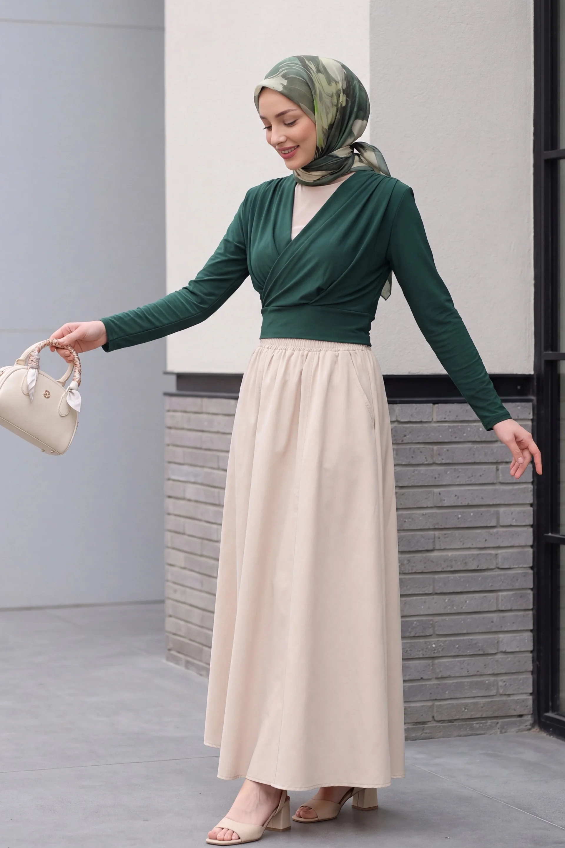 Padded Shoulder Wrap Blouse with Drape Detail - Emerald - Podyumplus - by Peralane - photo 2