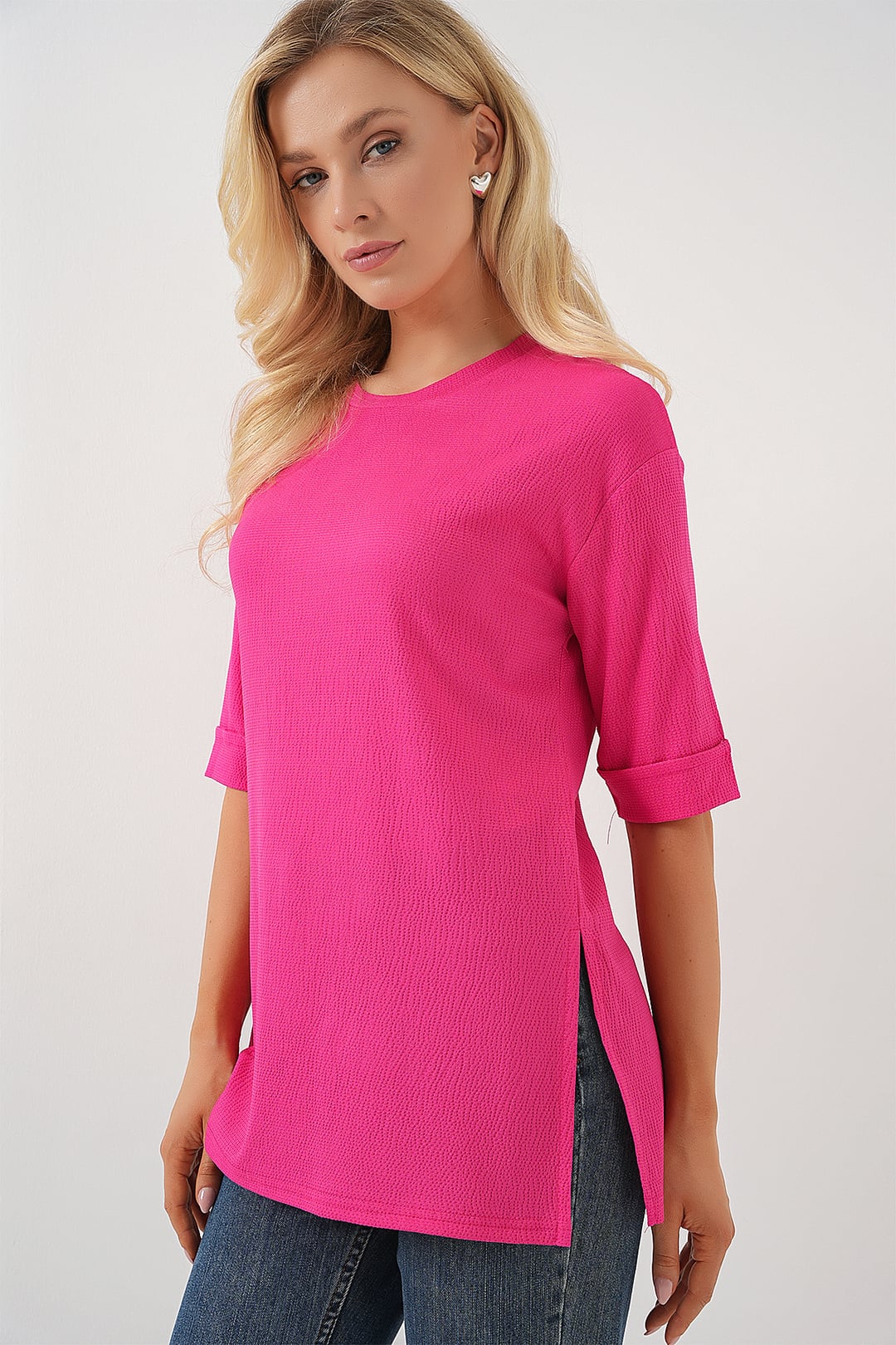 Knitted T-Shirt with Side Slits - Fuchsia - Bigdart - by Peralane - photo 2