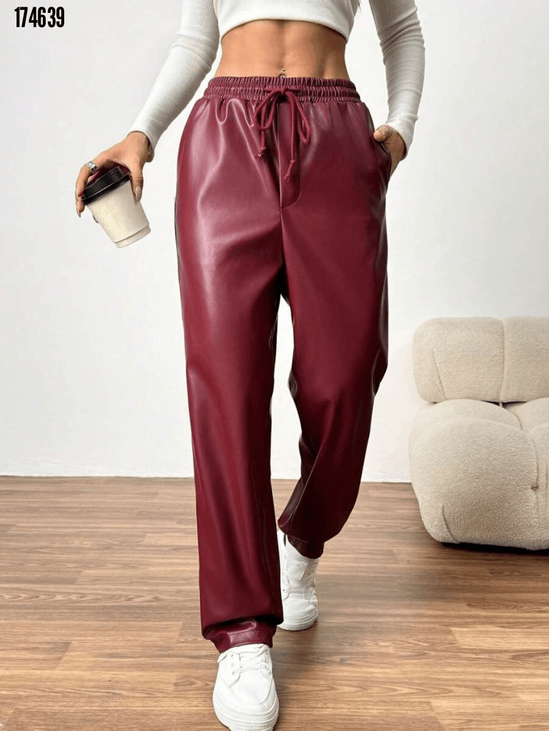 Women's High-Waist Drawstring Faux Leather Trousers - Janes - by Peralane