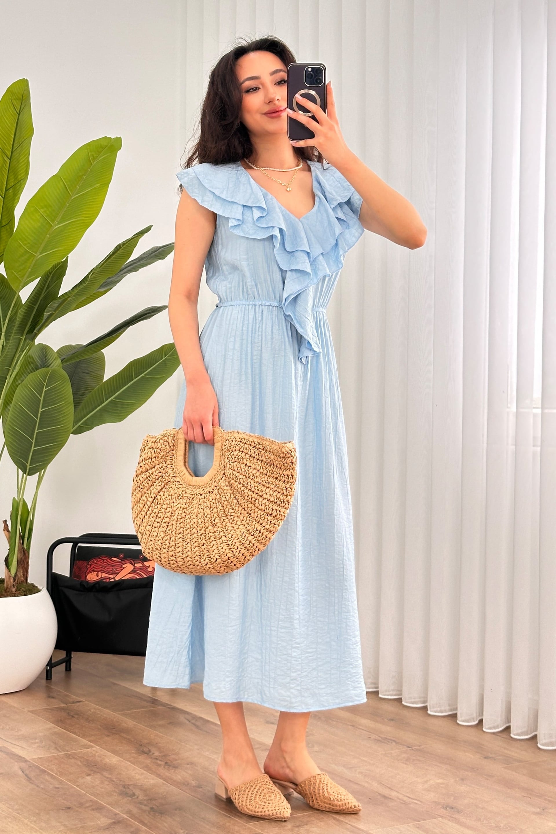 Light Blue Tie-Front Ruffle Midi Dress for Women - Lustri̇n - by Peralane