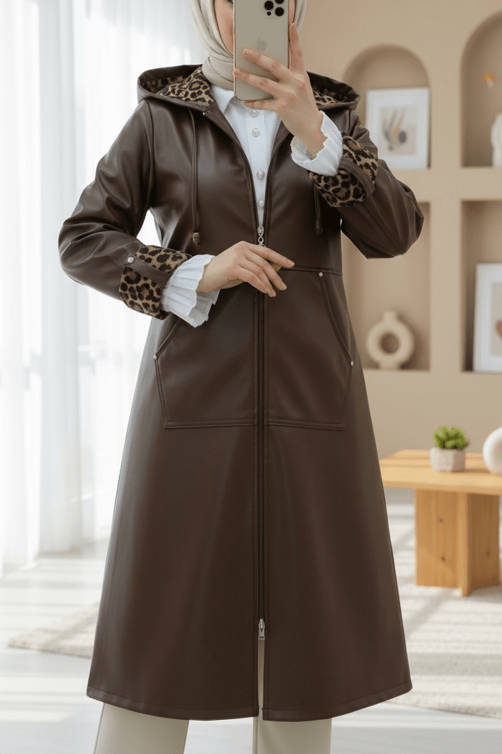 Brown Faux Leather Hooded Zip Jacket with Leopard Print Lining - Podyumplus - by Peralane
