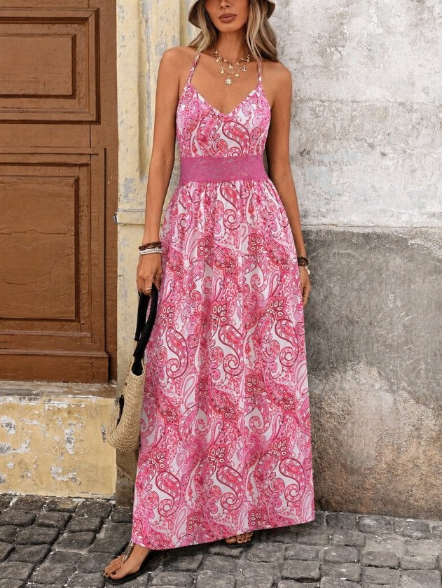 Women's Halter Neck Maxi Dress with Lace Trim and Paisley Print - Janes - by Peralane