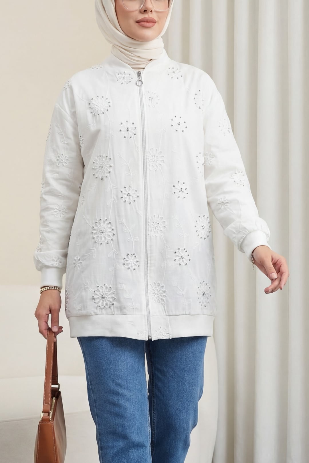 Zippered Lined Rhinestone and Beaded Tunic - White - Podyumplus - by Peralane