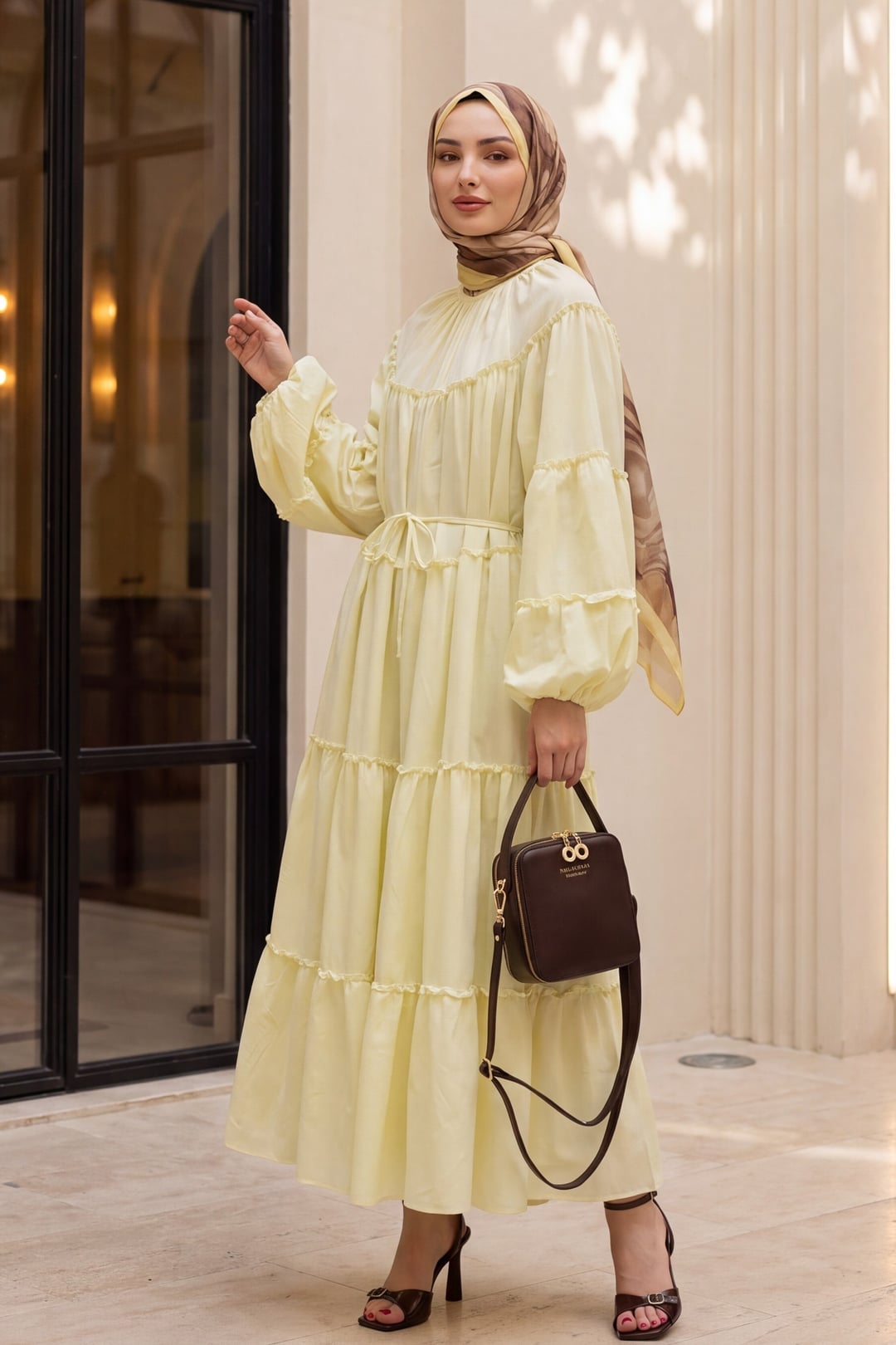 Long Sleeve Tie Waist Tiered Ruffle Dress - Light Yellow - Podyumplus - by Peralane